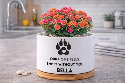 Side View of Personalized Pet Memorial Planter, Dog Loss Sympathy Gift, Paw Print Remembrance Pot,Custom Cat Tribute Decor,Pet Lover Bereavement Keepsake, highlighting its decor planter look and listing presentation