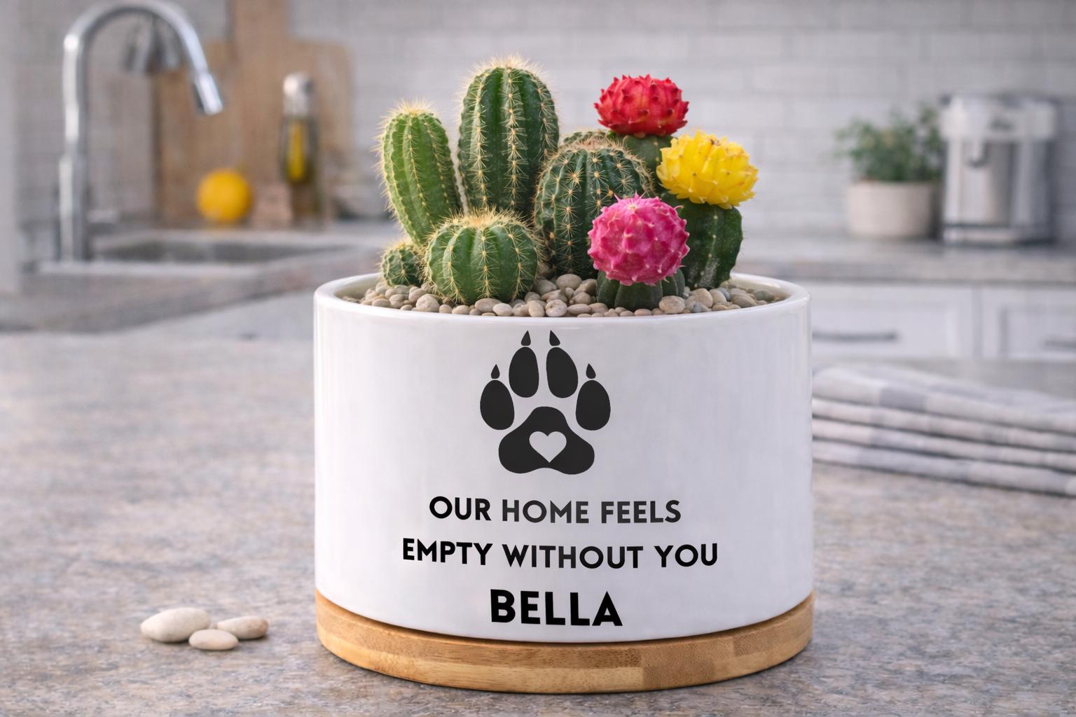 Styled Display View of Personalized Pet Memorial Planter, Dog Loss Sympathy Gift, Paw Print Remembrance Pot,Custom Cat Tribute Decor,Pet Lover Bereavement Keepsake, highlighting its decor planter look and listing presentation