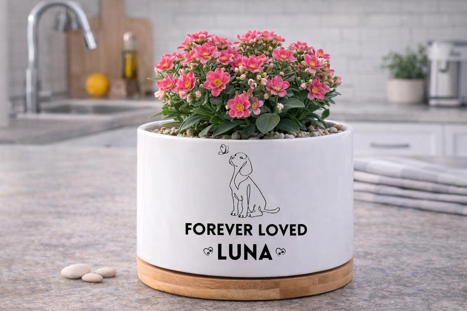Close-Up Detail of Personalized Dog Memorial Planter, Forever Loved Pet Tribute Pot, Custom Pet Loss Gift, Puppy Remembrance Decor, Sympathy Keepsake, highlighting its decor planter look and listing presentation
