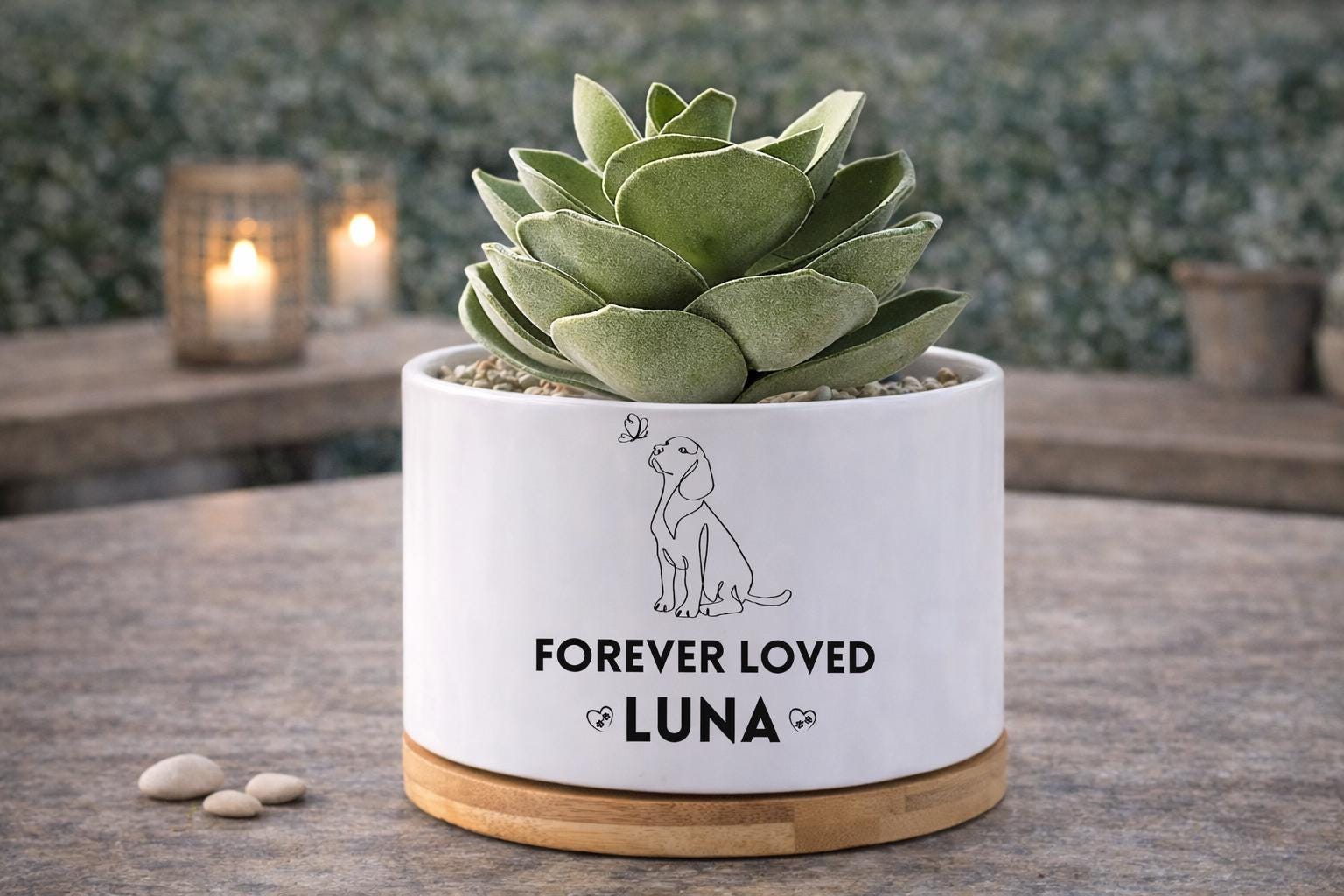 Side View of Personalized Dog Memorial Planter, Forever Loved Pet Tribute Pot, Custom Pet Loss Gift, Puppy Remembrance Decor, Sympathy Keepsake, highlighting its decor planter look and listing presentation