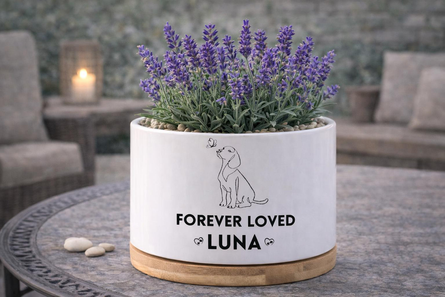 Scale Reference View of Personalized Dog Memorial Planter, Forever Loved Pet Tribute Pot, Custom Pet Loss Gift, Puppy Remembrance Decor, Sympathy Keepsake, highlighting its decor planter look and listing presentation