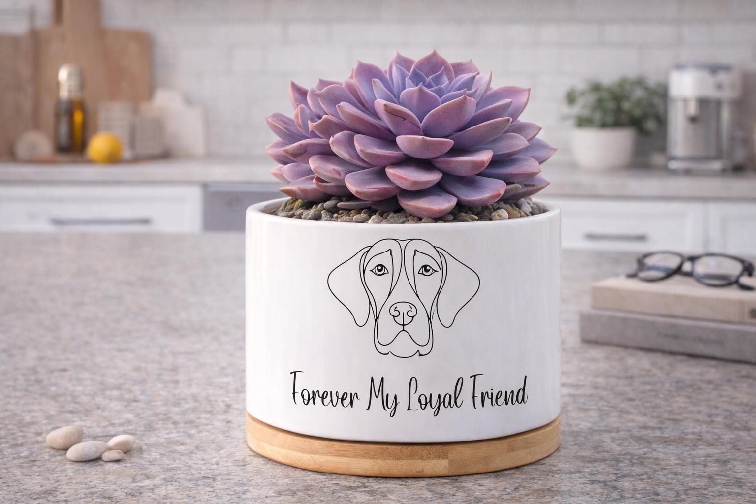 Overhead View of Dog Memorial Planter, Pet Loss Sympathy Gift, Forever My Loyal Friend Pot, Puppy Remembrance Plant Holder,Pet Tribute Decor for Animal Lover, highlighting its decor planter look and listing presentation