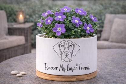 Side View of Dog Memorial Planter, Pet Loss Sympathy Gift, Forever My Loyal Friend Pot, Puppy Remembrance Plant Holder,Pet Tribute Decor for Animal Lover, highlighting its decor planter look and listing presentation