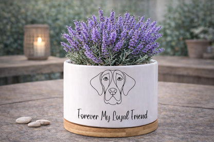 Close-Up Detail of Dog Memorial Planter, Pet Loss Sympathy Gift, Forever My Loyal Friend Pot, Puppy Remembrance Plant Holder,Pet Tribute Decor for Animal Lover, highlighting its decor planter look and listing presentation