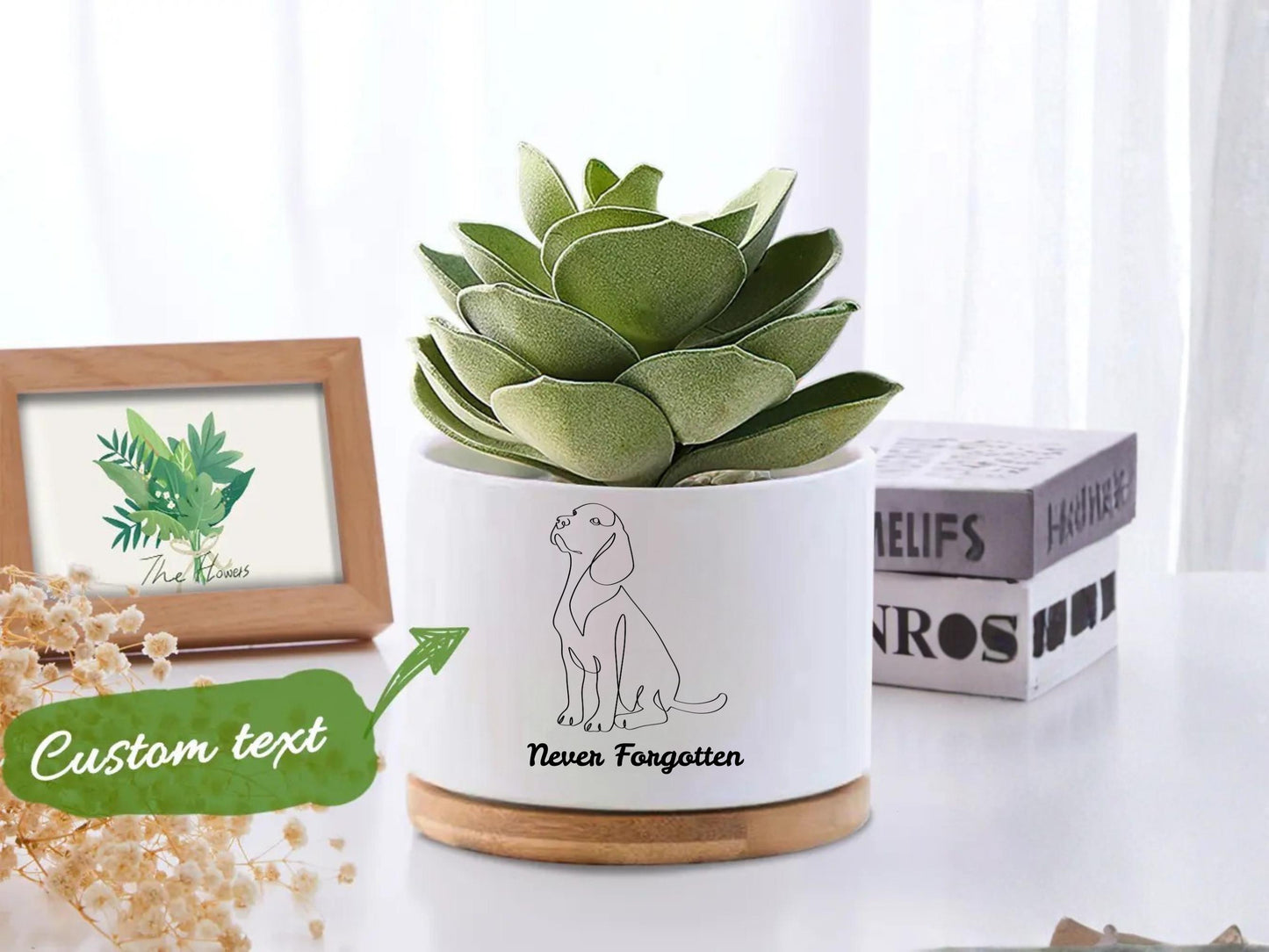 Close-Up Detail of Dog Memorial Planter, Never Forgotten Pet Tribute Pot, Pet Loss Sympathy Gift for Dog Lover, Puppy Remembrance Decor, Animal Memory Keepsake, highlighting its decor planter look and listing presentation