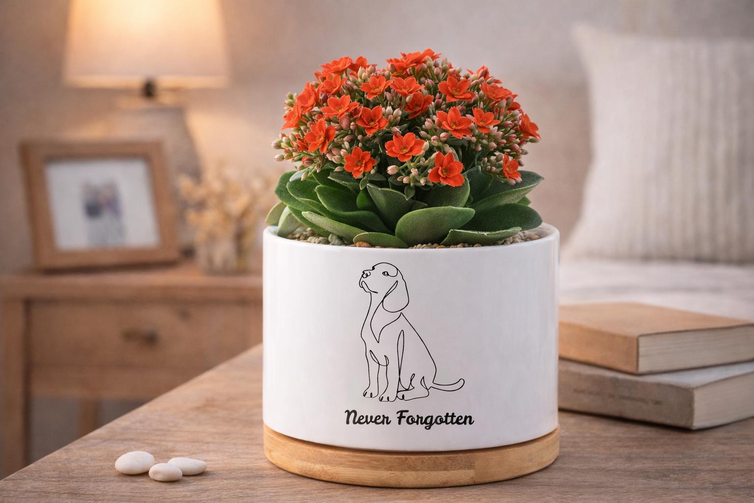 Main product photo of Dog Memorial Planter, Never Forgotten Pet Tribute Pot, Pet Loss Sympathy Gift for Dog Lover, Puppy Remembrance Decor, Animal Memory Keepsake, showing the primary view of the listing