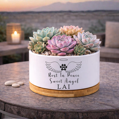 Side View of Cat Memorial Gift, Rest In Peace Pet Planter Pot, Cat Loss Sympathy Gift for Pet Owner, Kitty Remembrance Decor, Angel Wings Pet Tribute, highlighting its decor planter look and listing presentation
