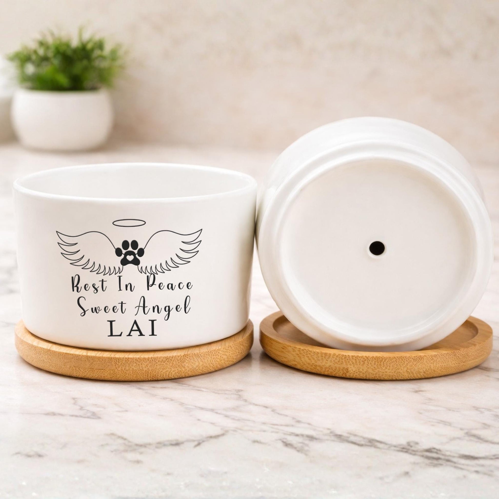 Secondary Angle of Cat Memorial Gift, Rest In Peace Pet Planter Pot, Cat Loss Sympathy Gift for Pet Owner, Kitty Remembrance Decor, Angel Wings Pet Tribute, highlighting its decor planter look and listing presentation
