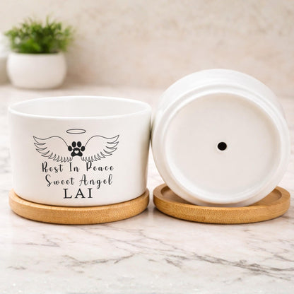 Secondary Angle of Cat Memorial Gift, Rest In Peace Pet Planter Pot, Cat Loss Sympathy Gift for Pet Owner, Kitty Remembrance Decor, Angel Wings Pet Tribute, highlighting its decor planter look and listing presentation