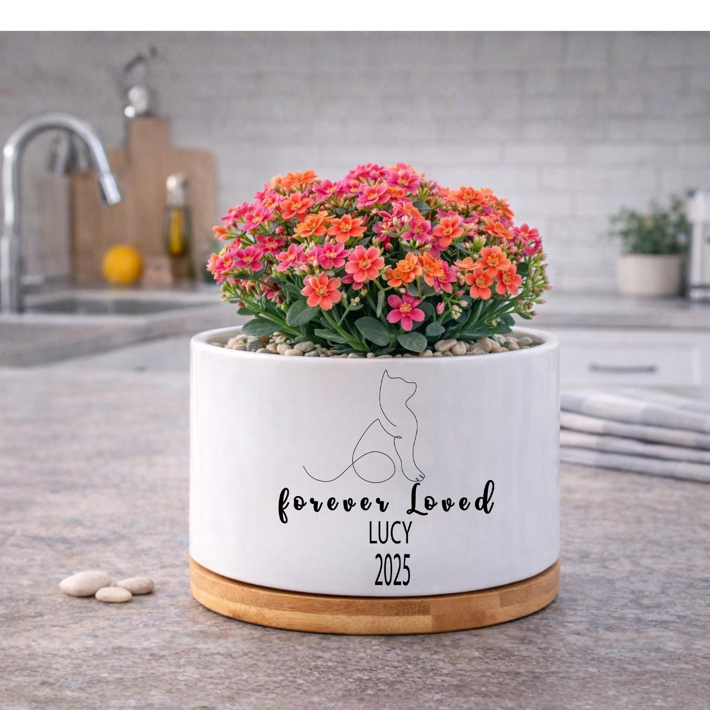 Close-Up Detail of Cat Memorial Planter, Personalized Cat Loss Gift for Pet Owner, Forever Loved Kitty Tribute Pot, Pet Remembrance Decor, Cat Lover Gift, highlighting its decor planter look and listing presentation