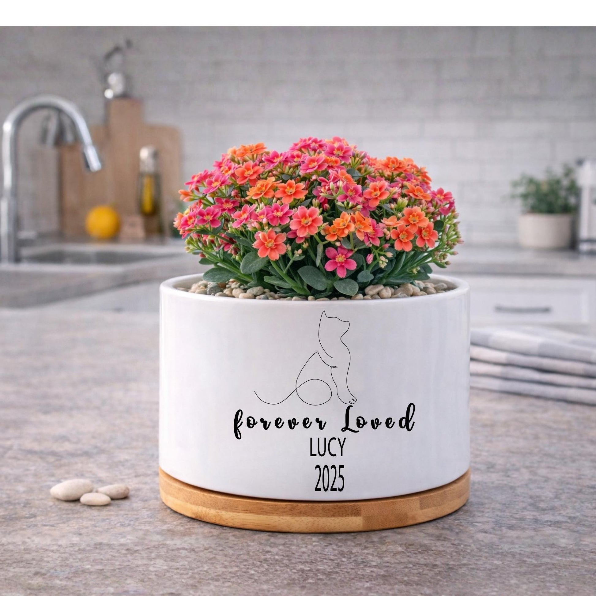 Close-Up Detail of Cat Memorial Planter, Personalized Cat Loss Gift for Pet Owner, Forever Loved Kitty Tribute Pot, Pet Remembrance Decor, Cat Lover Gift, highlighting its decor planter look and listing presentation