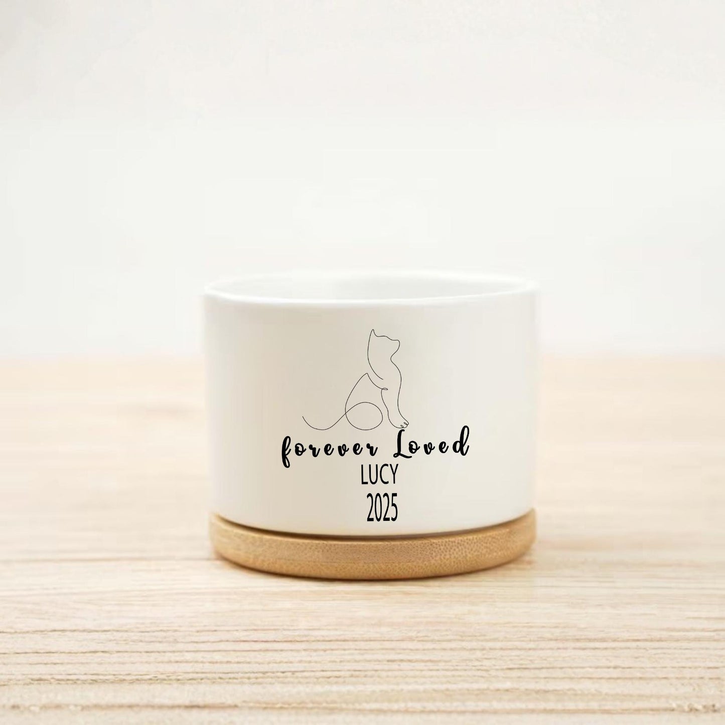 Secondary Angle of Cat Memorial Planter, Personalized Cat Loss Gift for Pet Owner, Forever Loved Kitty Tribute Pot, Pet Remembrance Decor, Cat Lover Gift, highlighting its decor planter look and listing presentation
