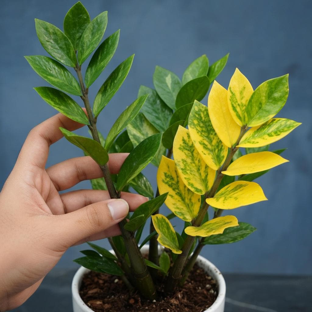 Overhead View of Variegated Lemon Leaf Indoor zz Plant, Bright Yellow Green Houseplant, Easy Care Live Potted Plant for Home or Office Decor, highlighting its zz plant look and listing presentation