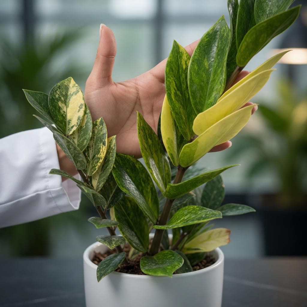 Close-Up Detail of Variegated Lemon Leaf Indoor zz Plant, Bright Yellow Green Houseplant, Easy Care Live Potted Plant for Home or Office Decor, highlighting its zz plant look and listing presentation