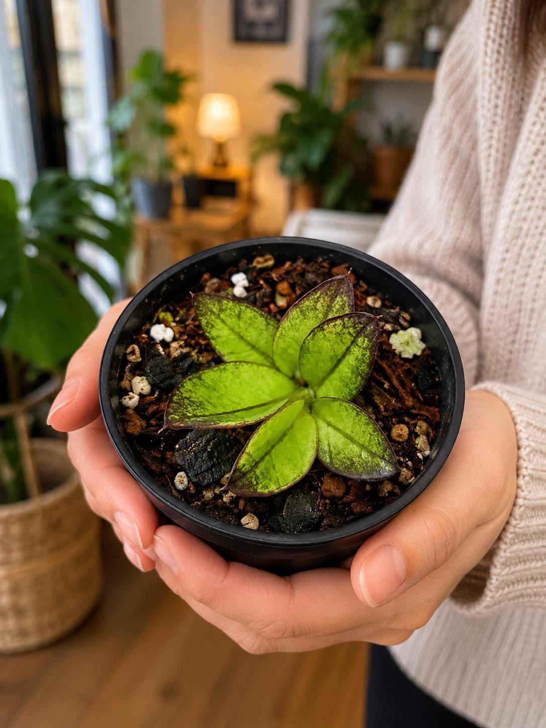 Side View of Variegated ZZ Black Leaf Plant with Pink Spots, Dark Indoor Houseplant, Easy Care Potted Plant for Home or Office Decor Gift, highlighting its zz plant look and listing presentation