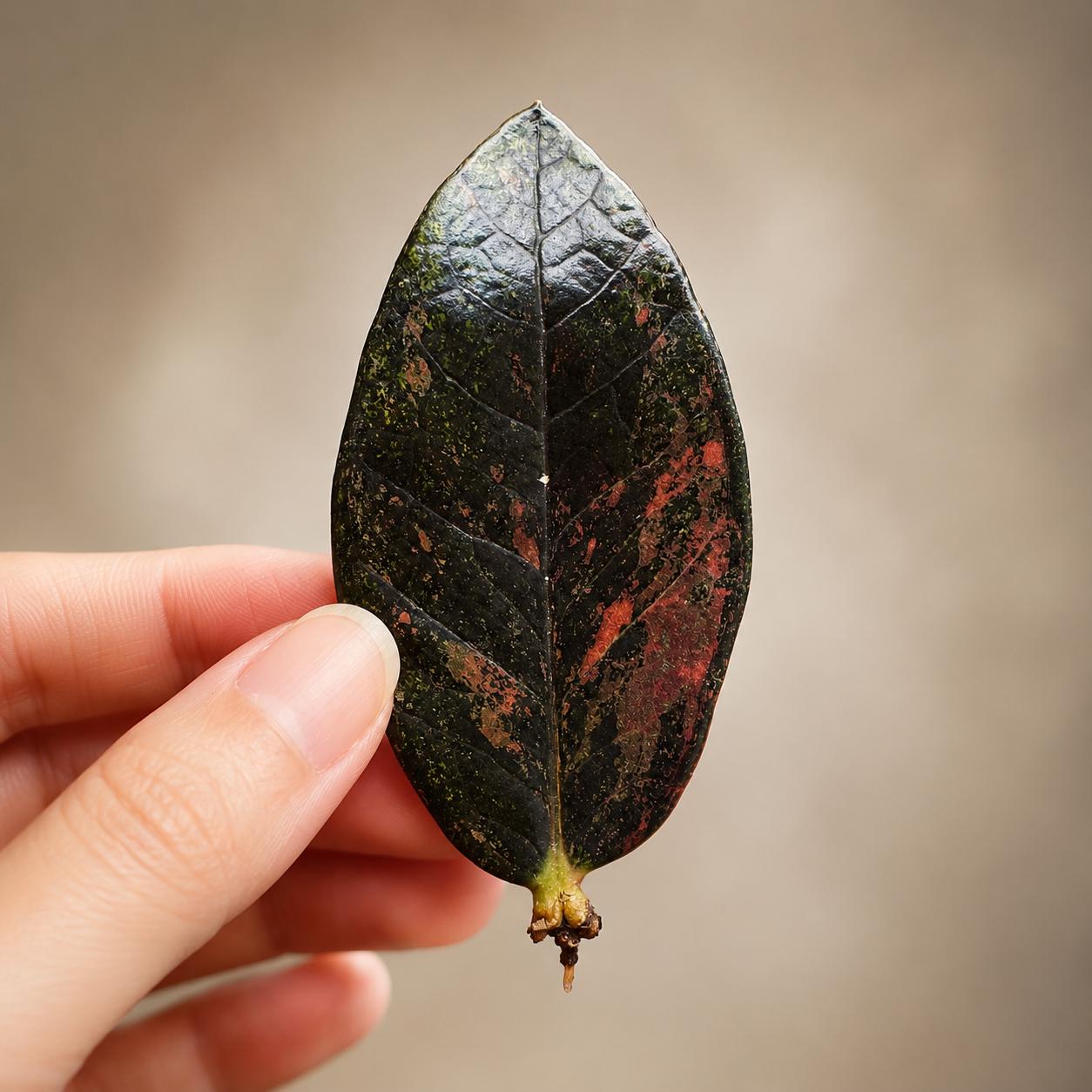 Side View of Variegated ZZ Black Orange Plant Cutting, Rooted Indoor Houseplant with Black & Orange Leaves, highlighting its zz plant look and listing presentation